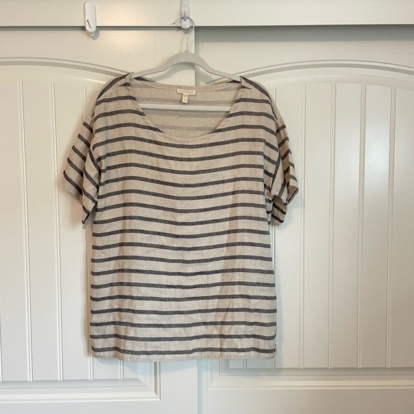 Eileen Fisher striped boxy boatneck linen and organic cotton top size large - Picture 2 of 8